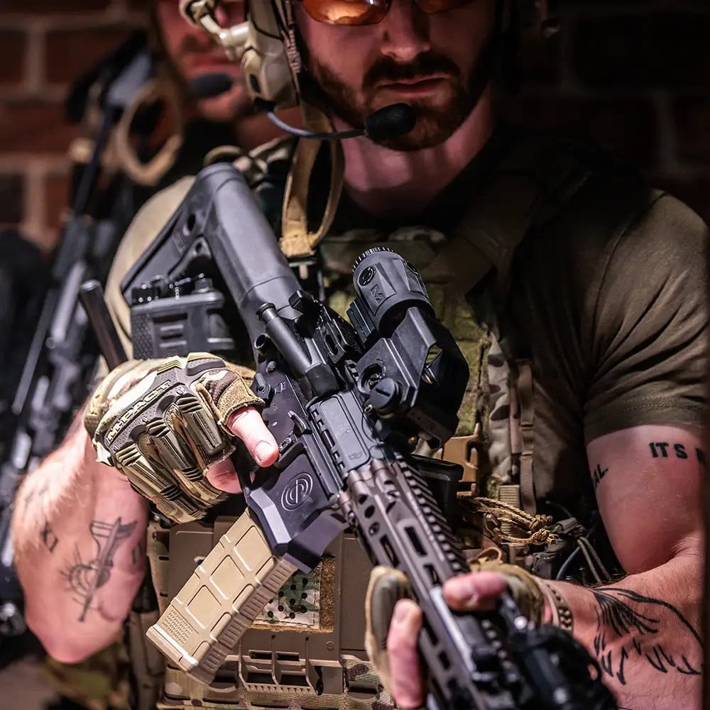 The MEPRO TRU-VISION™ electro-optical MIL- SPEC red dot
sight is shockproof, waterproof, and durable. Its short-length,
compact, and lightweight design addresses the need for
co-mounting multiple tactical devices (magnifiers, laser pointers, etc.)
on your Picatinny rail. Energy-efficient, it provides thousands of
operating hours from a single CR123 battery.
The MEPRO TRU-VISION™ also features an automatic brightness
control system that enables clear visibility of the red dot in any
lighting condition. If the user chooses to manually control the reticle
brightness level, there are 16 brightness settings (12 daytime,
4 nighttime (NVG/)) allowing the user to adjust to any lighting
condition they may encounter.