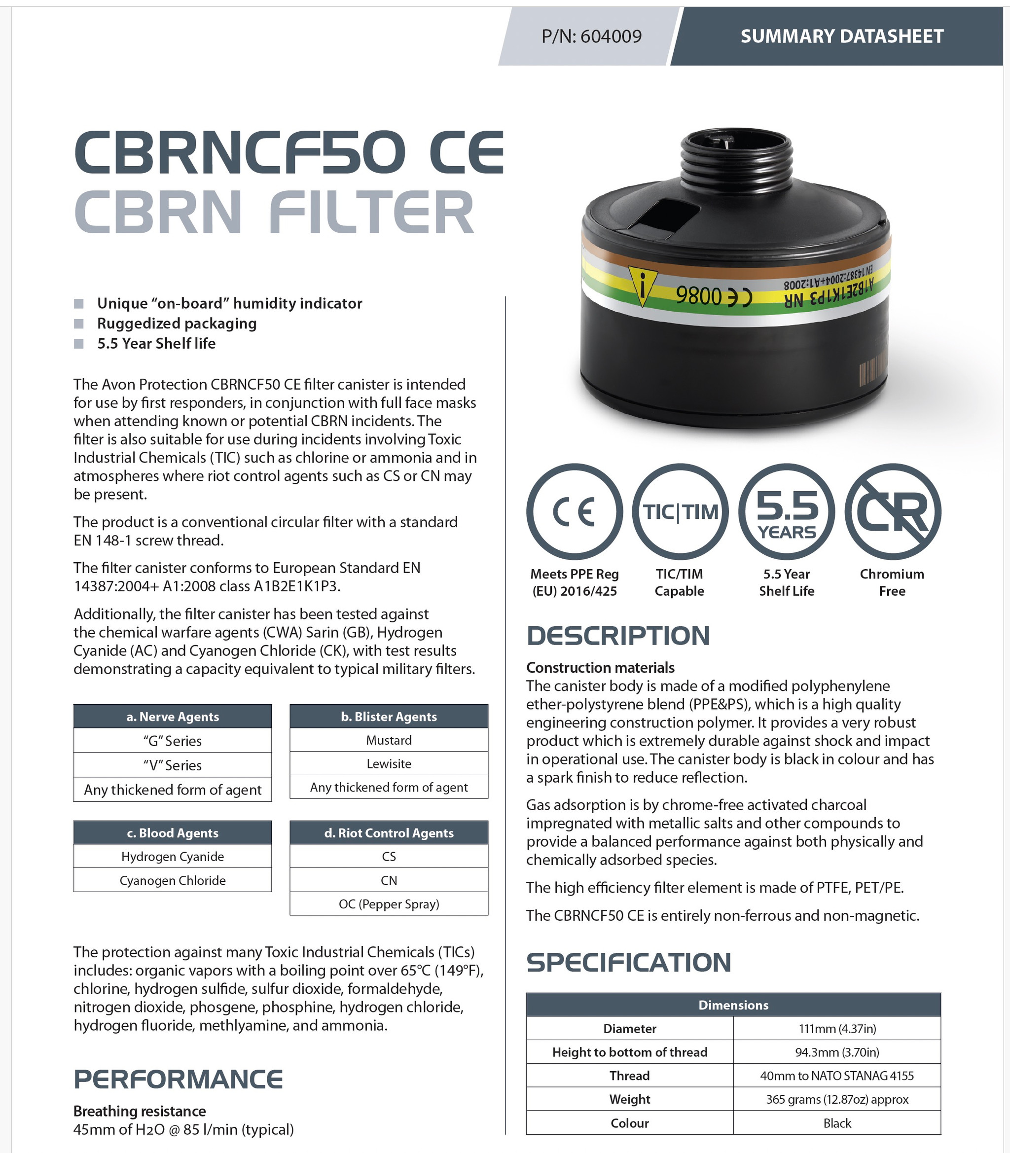 Avon Protection CBRNCF50 CBRN Filter, Humidity Indicator, 5.5 year Shelf Life, Tested against Toxic Industrial Chemicals, Nerve Agents, Blood Agents, Blister Agents and Riot Control Agents, CS and CN Capable, Compatible with C50,