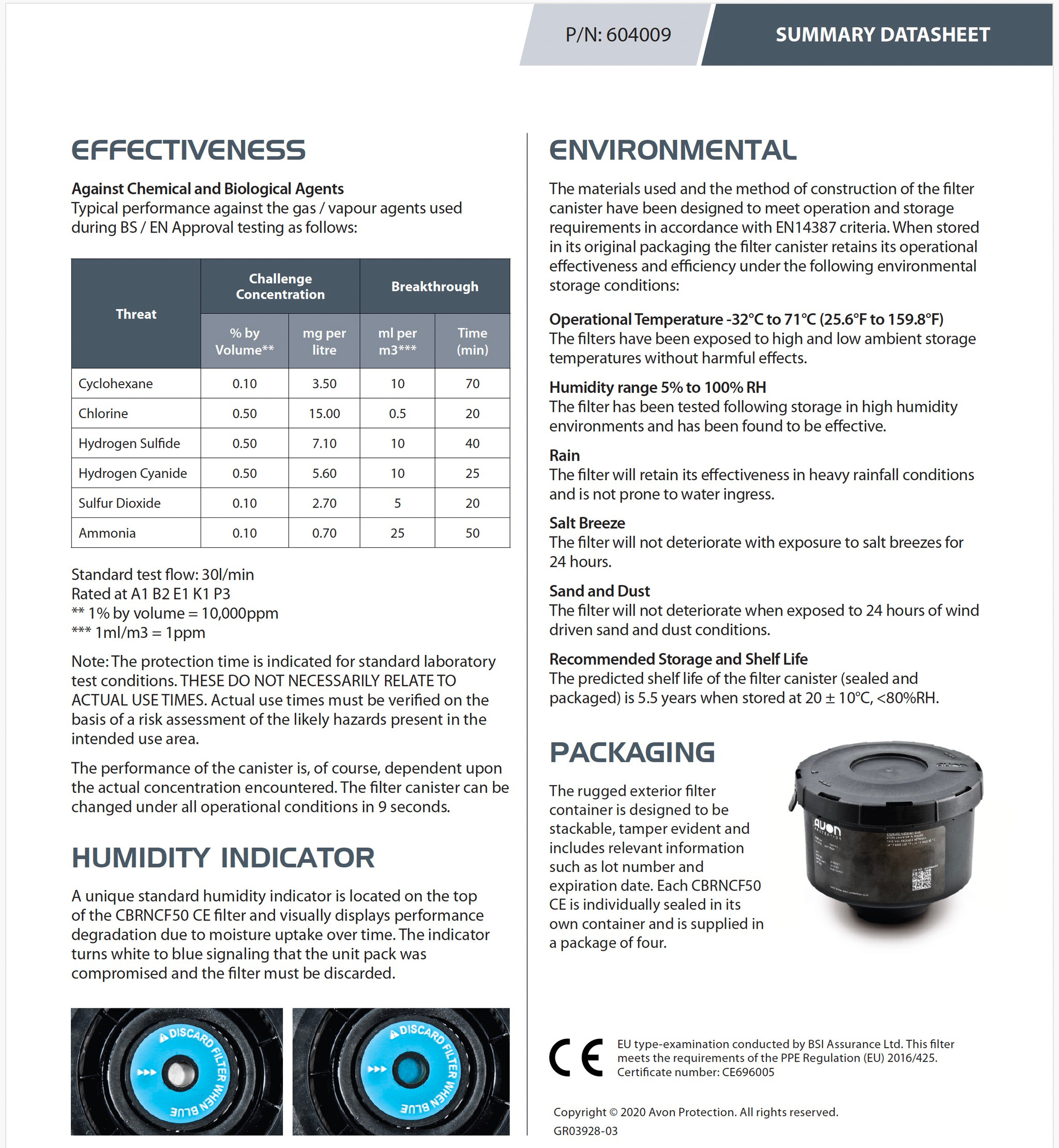 Avon Protection CBRNCF50 CBRN Filter, Humidity Indicator, 5.5 year Shelf Life, Tested against Toxic Industrial Chemicals, Nerve Agents, Blood Agents, Blister Agents and Riot Control Agents, CS and CN Capable, Compatible with C50,