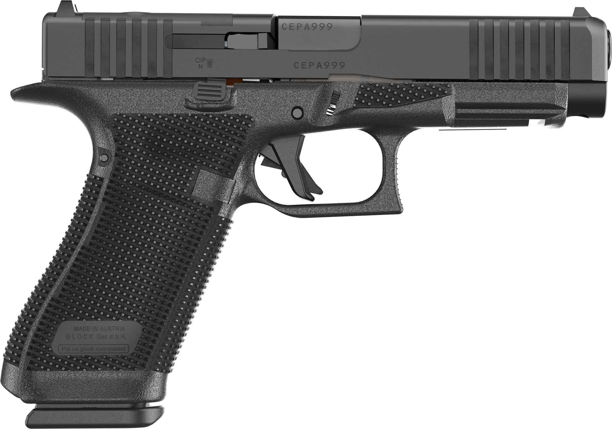 The Glock 17 allows easy customization to its grip by using the different back straps. A flared magwell and a cutout at the front of the frame give the user more speed during reloading. A reversible enlarged magazine catch, changeable at user level as well as the ambidextrous slide stop lever accommodate left and right-handed operators. The rifling and the crown of the barrel were slightly modified for increased precision.