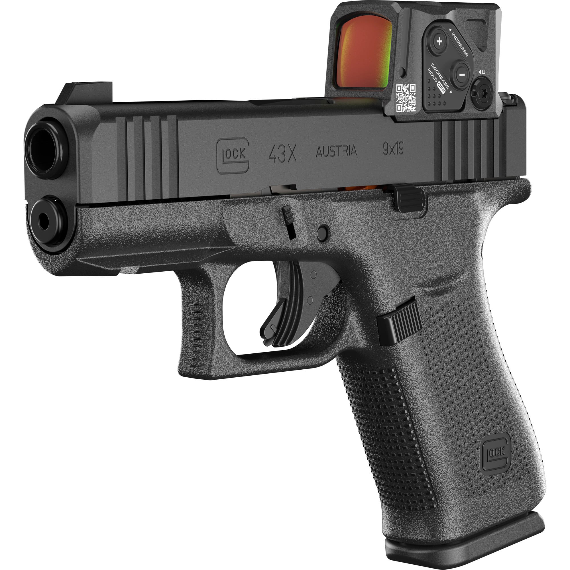 GLOCK, 43X M.O.S., Striker Fired, Polymer Frame Pistol, Compact, 9MM, 3.41" Marksman Barrel, nDLC Finish, Black, MOS8 Optic Cut, Aimpoint COA Optic Mounted, Black Front Sight, Rear Wedge Sight, Front Serrations, Front Rail, Ambidextrous Slide Stop Lever, Flared Mag Well, No Finger Grooves, 10 Rounds, 2 Magazines