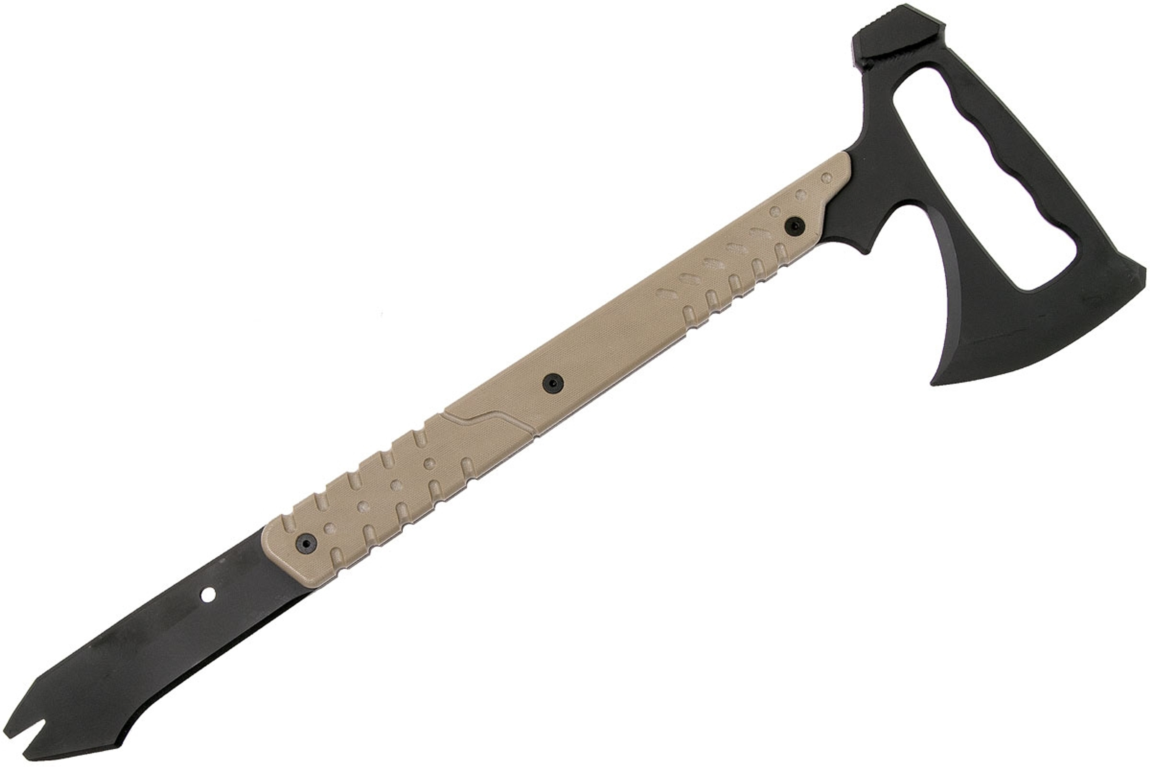 The Gerber Downrange Tomahawk offers an axe, hammer head and pry bar all in one useful device. Gerber built these Axes & Saws with a 420HC steel body w/ Cerakote for maximum ruggedness and advanced protection, allowing you to use it in rough environments and during tough jobs. This Gerber Tactical Downrange Tomahawk has G-10 composite scales on the handle for an enhanced grip that creates a safer, more efficient tool. Each tomahawk comes with a MOLLE-compatible sheath for easy carry. Breach with confidence when you've got a Gerber Downrange 3-in-1 Tomahawk in hand.