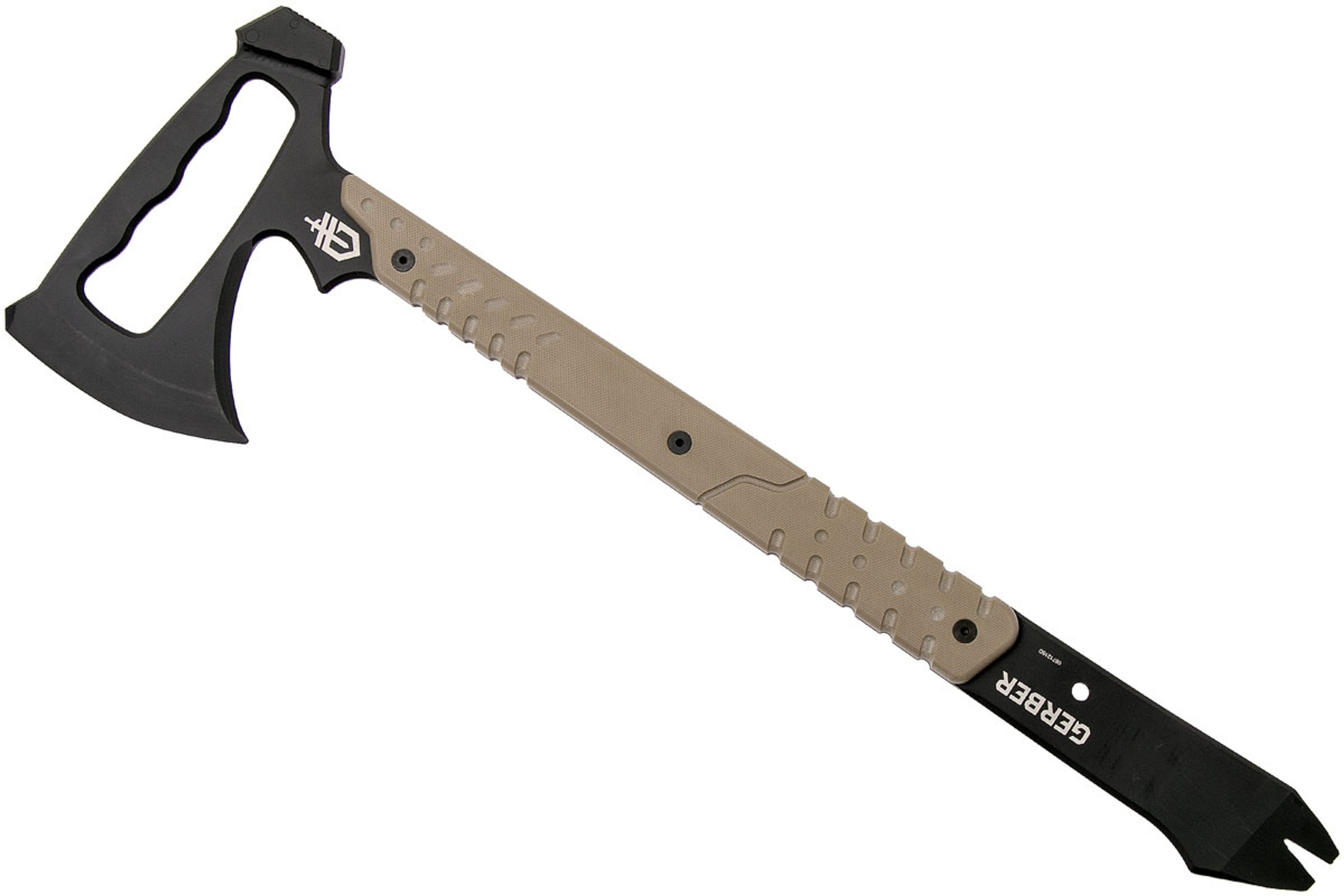 The Gerber Downrange Tomahawk offers an axe, hammer head and pry bar all in one useful device. Gerber built these Axes & Saws with a 420HC steel body w/ Cerakote for maximum ruggedness and advanced protection, allowing you to use it in rough environments and during tough jobs. This Gerber Tactical Downrange Tomahawk has G-10 composite scales on the handle for an enhanced grip that creates a safer, more efficient tool. Each tomahawk comes with a MOLLE-compatible sheath for easy carry. Breach with confidence when you've got a Gerber Downrange 3-in-1 Tomahawk in hand.