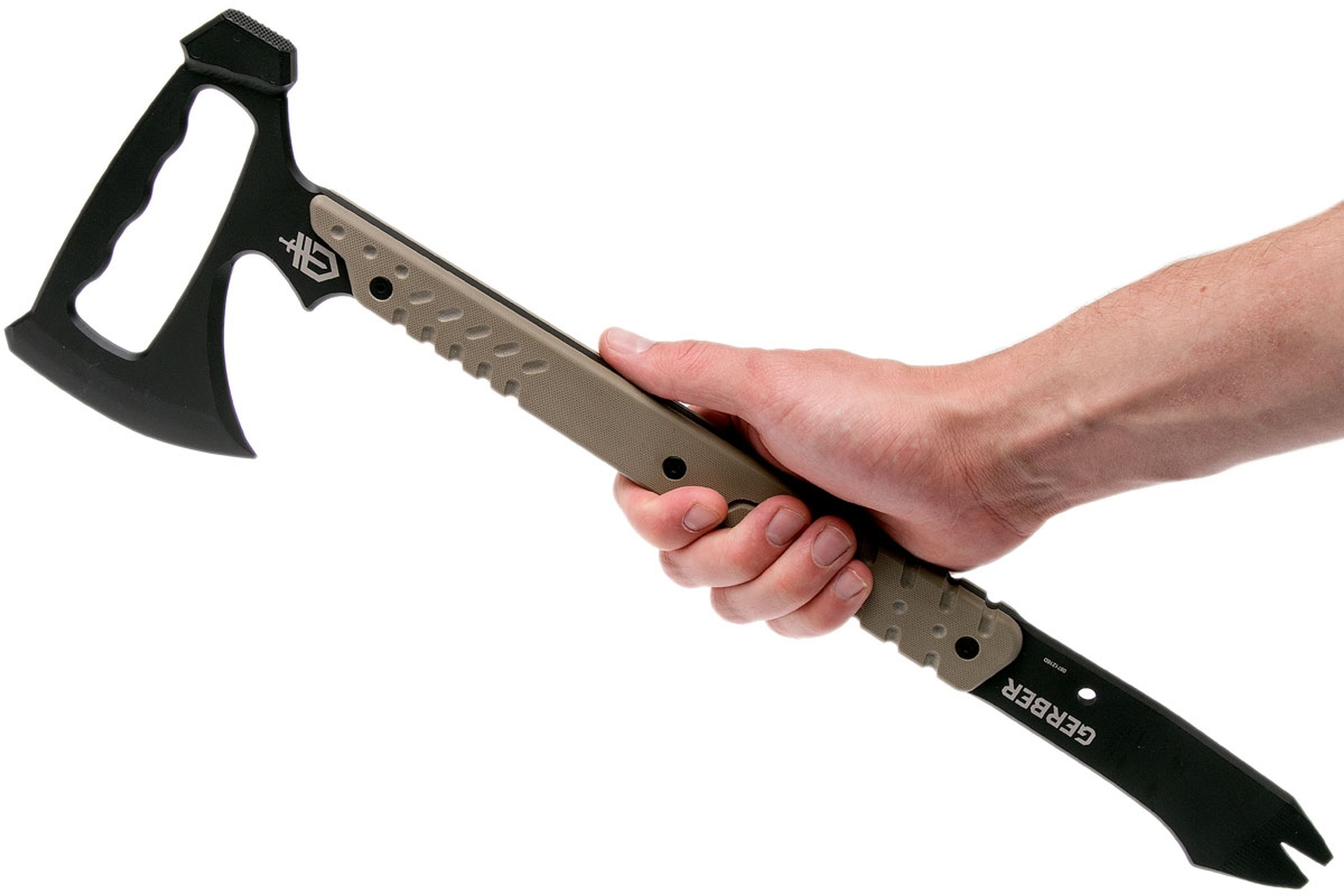 The Gerber Downrange Tomahawk offers an axe, hammer head and pry bar all in one useful device. Gerber built these Axes & Saws with a 420HC steel body w/ Cerakote for maximum ruggedness and advanced protection, allowing you to use it in rough environments and during tough jobs. This Gerber Tactical Downrange Tomahawk has G-10 composite scales on the handle for an enhanced grip that creates a safer, more efficient tool. Each tomahawk comes with a MOLLE-compatible sheath for easy carry. Breach with confidence when you've got a Gerber Downrange 3-in-1 Tomahawk in hand.