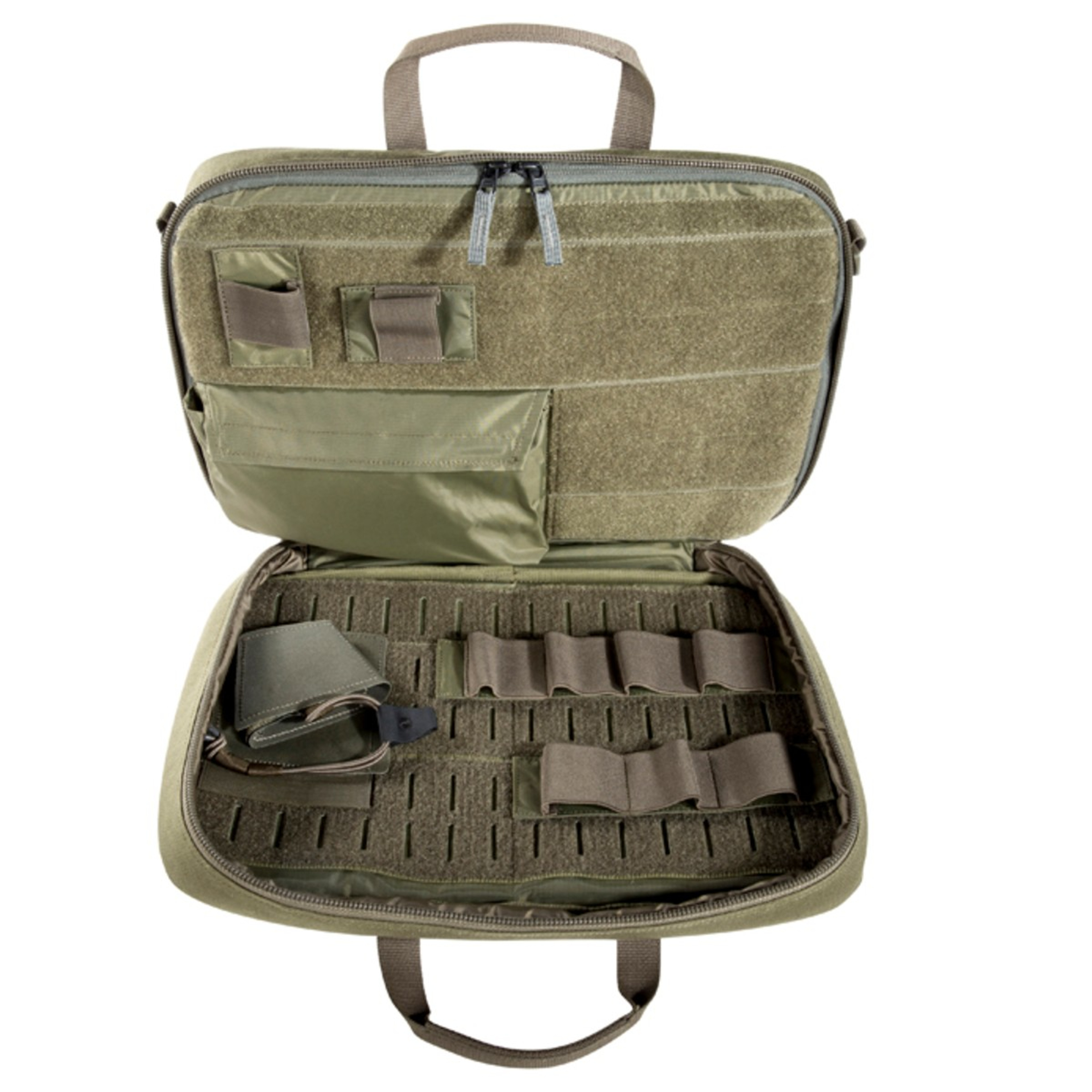 Modular handgun case for two or three weapons. The interior is fully equipped with MOLLE and hook-and-loop storage options. A zippered interior pocket is used for storing a laptop or additional equipment.

