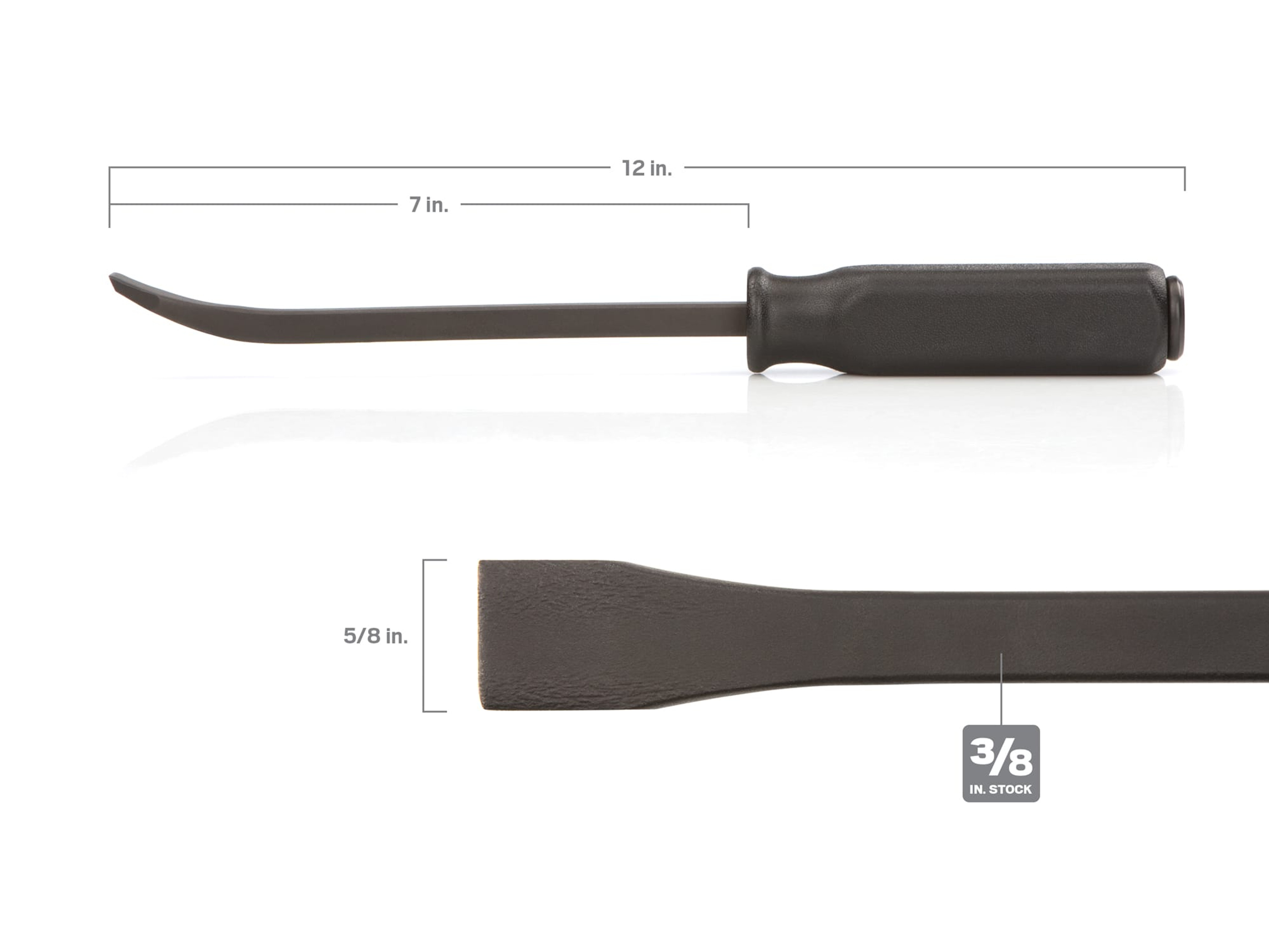 Angled Tip: In addition to creating a high-leverage fulcrum for prying, the angled tip also provides a pivot point around which to shift and position heavy objects like machinery or tables with fine control. Comfortable Handle: The generously sized textured handle provides a sure, nonslip grip that lets you comfortably and confidently apply as much force as needed. Made of impact-resistant polypropylene, it's extremely durable and unaffected by fuels, oils, cleaners, solvents, and most other common chemicals. Steel Striking Cap: A large, 1 inch diameter solid steel cap on the end of the handle is designed for hammer striking, allowing you to drive the tip into the tightest of spaces. Inserted deeply into the handle, the cap fully contacts the end of the bar, so the force of each hammer blow is transferred directly to the bar itself. Strong and Reliable Construction: Forged on stout square stock, the high-strength bar won't easily flex or twist under load, delivering consistent leverage. A black oxide finish resists corrosion and won't flake or chip off like painted, powder coated, or chrome plated finishes.