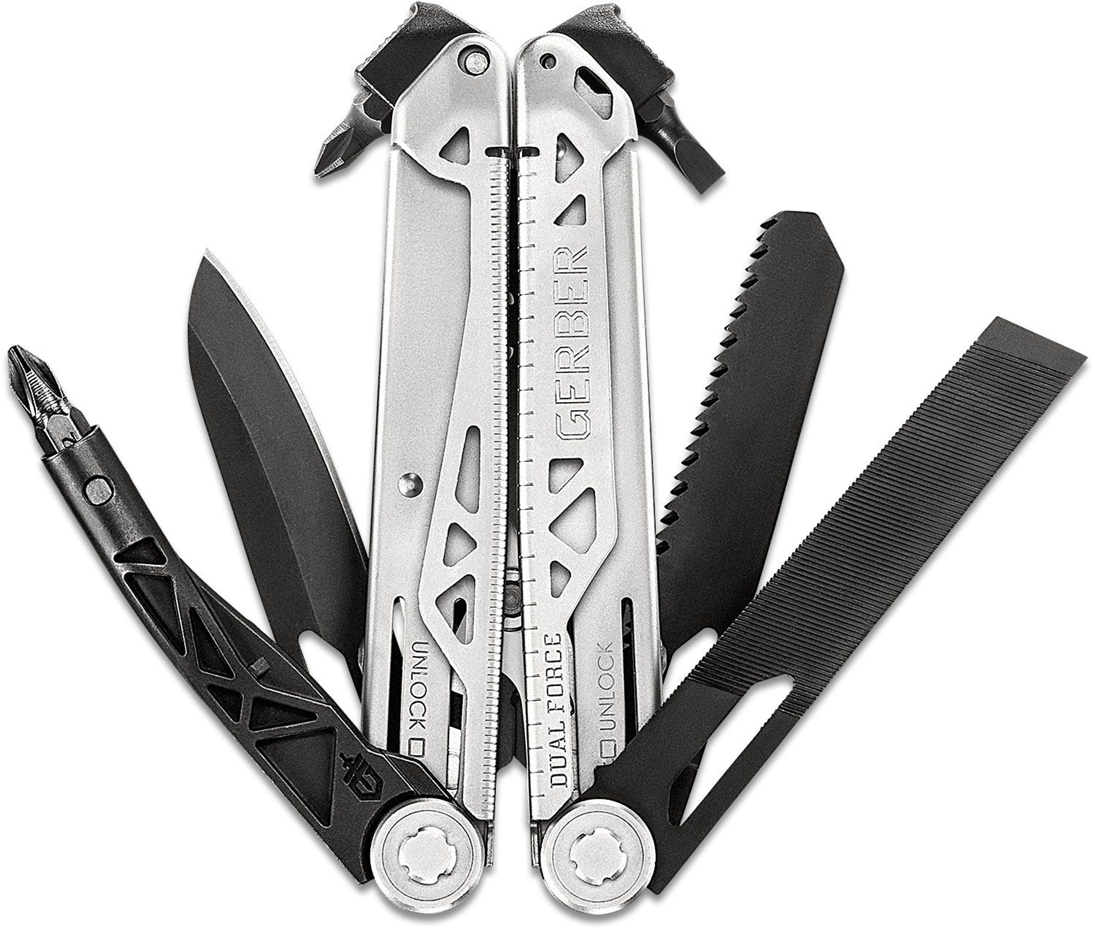 For tough jobs, it's often easier to head back to the toolbox for a proper set of pliers—until now. The Dual-Force isn't your average multi-tool, boasting layered construction to provide 2x the jaw strength and 2x the force to manhandle any task put in front of it. The adjustable 2-position slip joint jaw and extra-large teeth grasp firmly onto a variety of fasteners and apply unparalleled control. Additional features include a center-axis bit driver, plain edge knife blade, fine/coarse file, saw, and additional bit storage.