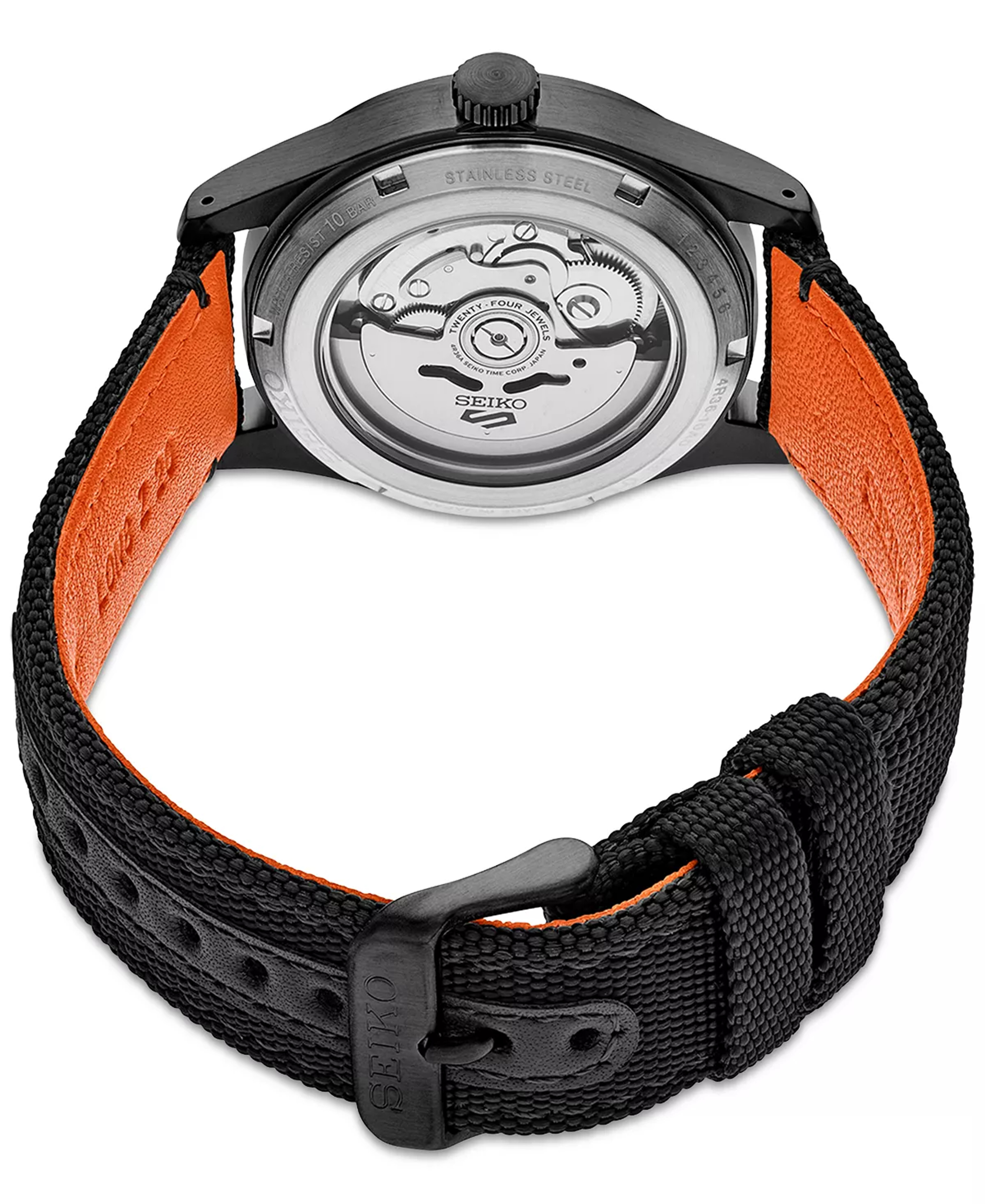 The Seiko 5 Sports SRPH33 draws on the classic field watch designs worn by pilots during the First and Second World Wars. Inside a black ion-finished brushed stainless steel case is a black dial with distinctive burnt orange markers and hands with a triangle marker at 12 o'clock and day and date window at the three o'clock position. A see-through screwdown caseback shows the Caliber 4R36 automatic movement. A black nylon strap with orange lining sets off this timeless modern classic.