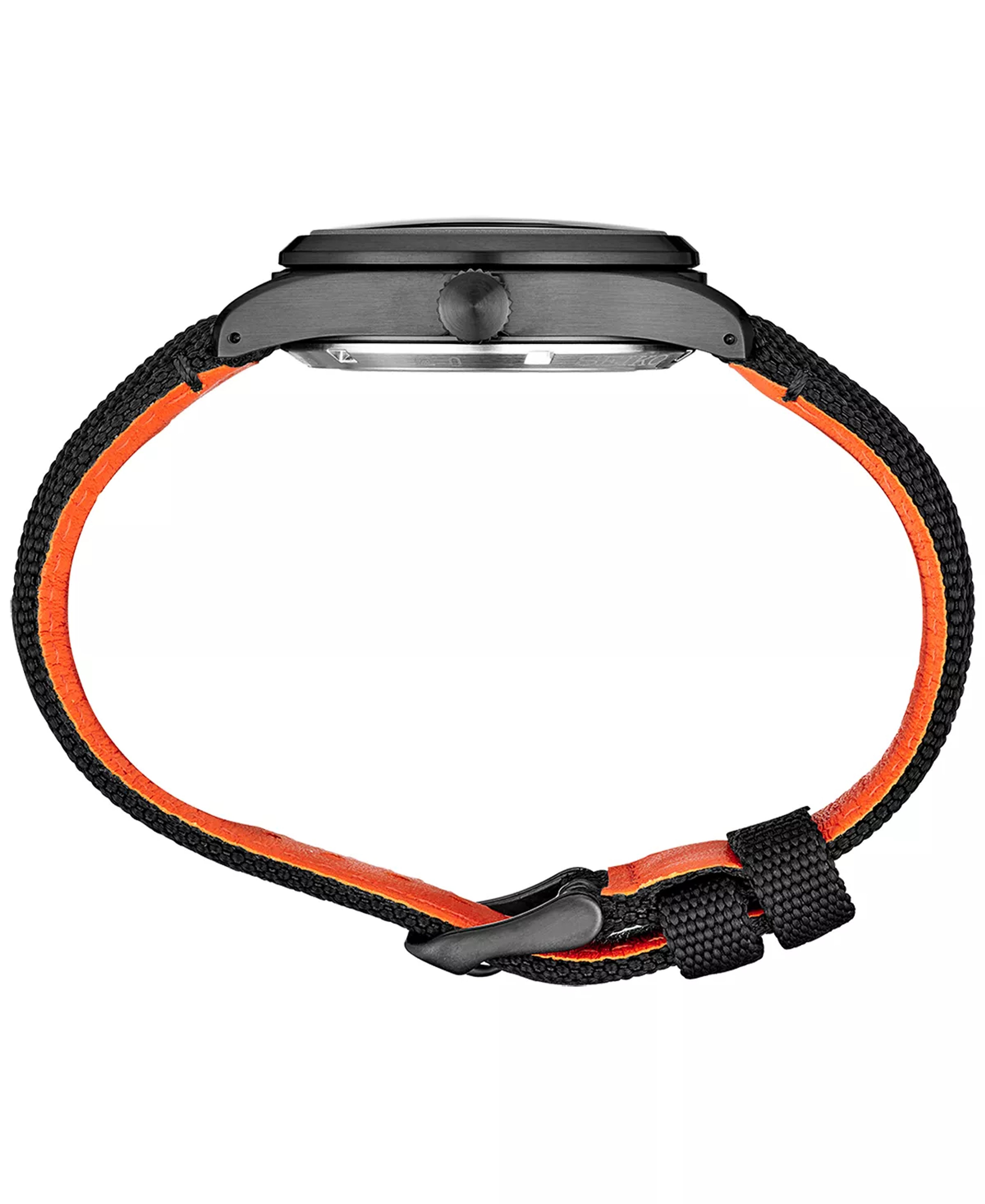 The Seiko 5 Sports SRPH33 draws on the classic field watch designs worn by pilots during the First and Second World Wars. Inside a black ion-finished brushed stainless steel case is a black dial with distinctive burnt orange markers and hands with a triangle marker at 12 o'clock and day and date window at the three o'clock position. A see-through screwdown caseback shows the Caliber 4R36 automatic movement. A black nylon strap with orange lining sets off this timeless modern classic.