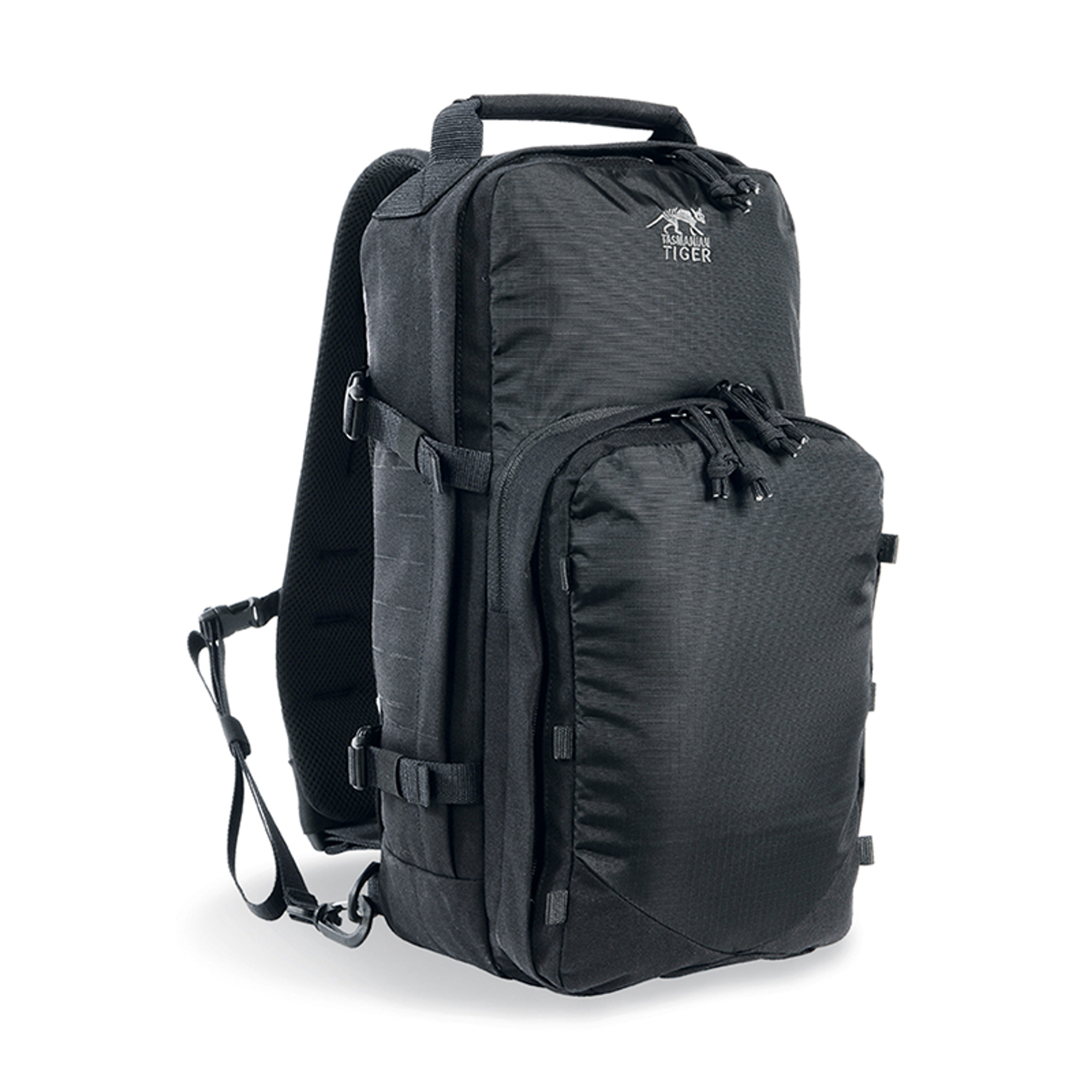 Sling Pack, 12L capacity with clever features. Backpack with one diagonal shoulder strap that can be worn on the right or left. One removable laser cut panel and Velcro tape for handgun holster in a separate handgun compartment as features. Organiser in the front compartment. Concealed zip compartment accessible from the back.

