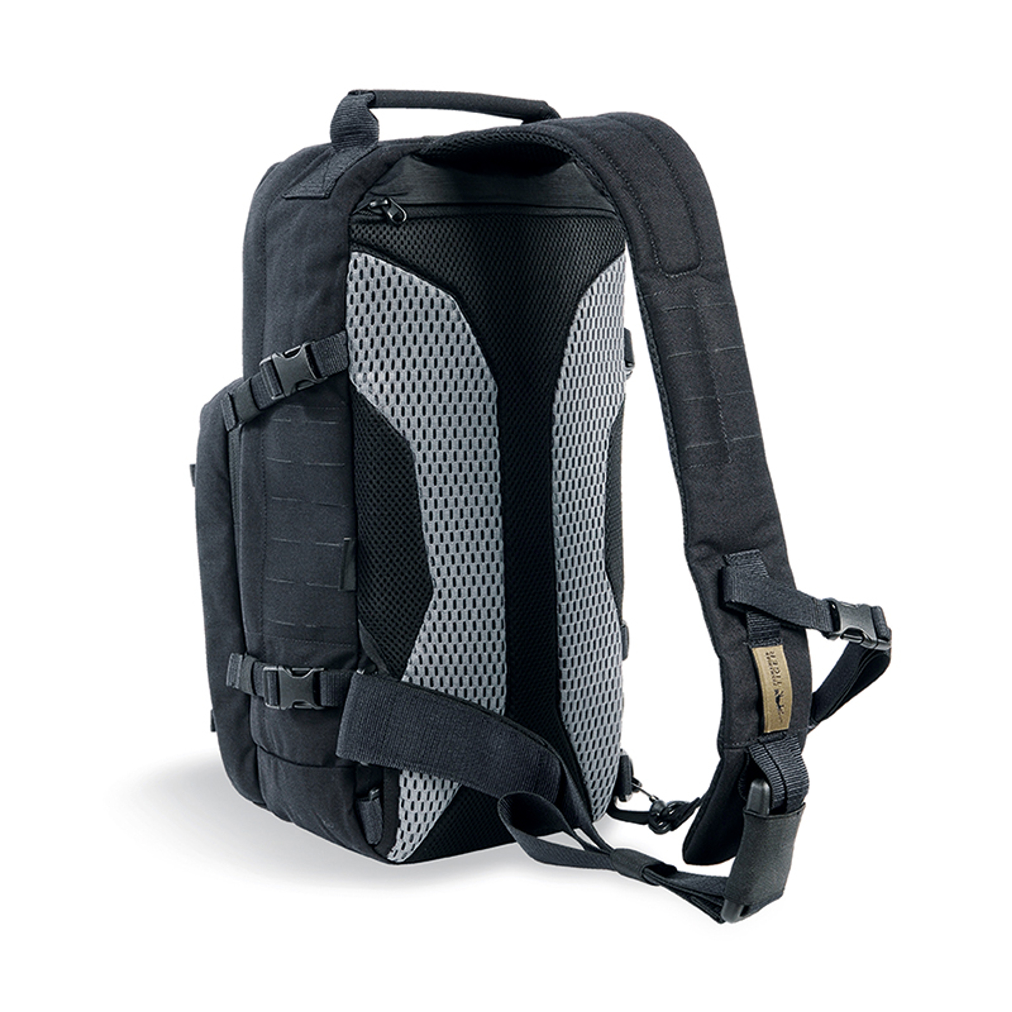 Sling Pack, 12L capacity with clever features. Backpack with one diagonal shoulder strap that can be worn on the right or left. One removable laser cut panel and Velcro tape for handgun holster in a separate handgun compartment as features. Organiser in the front compartment. Concealed zip compartment accessible from the back.

