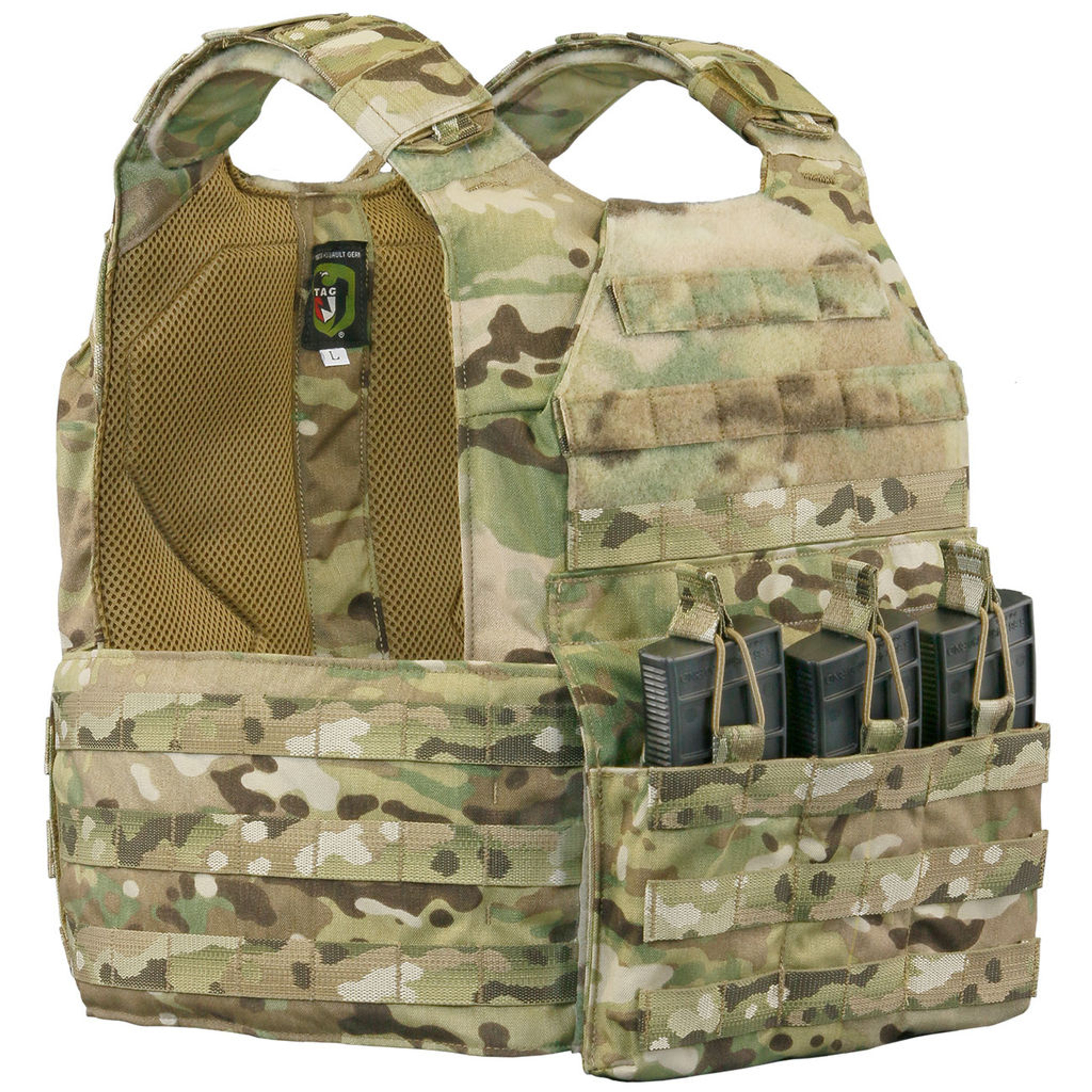 TAG’s® Vanguard plate carrier sets the standard in the industry for what a plate should be. The Vanguard is a light weight plate carrier that works with any set of hard armor plates and soft armor backers. SAPI, ESAPI, XSAPI, standalone level 4, swimmer cut and shooter cut armor plates all fit into the Vanguard. The triple magazine front panel is sewn into the carrier and will fit 30 round 5.56mm, AK47, and 7.62 x 51 magazines. You will never need to change out your magazine pouches again when using different weapon platforms.

