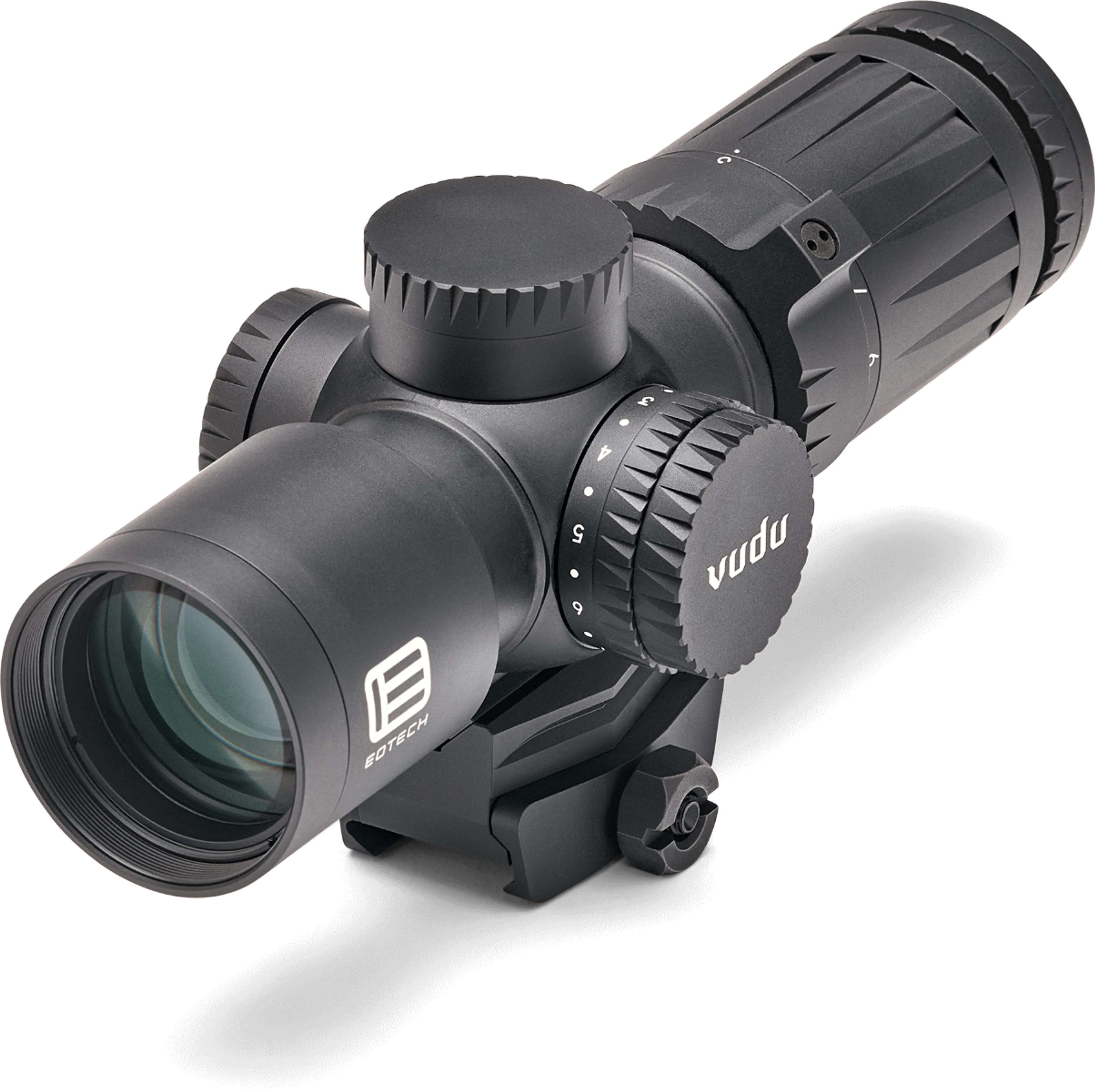 Vudu 3-9x32 Riflescope Only The super short Vudu® 3-9x32 riflescope might just be the perfect optic. The housing is constructed of aircraft-grade aluminum to be compact, lightweight and incredibly durable. This second focal plane design comes in at 6.8” and is fog, water, and shock resistant. The turrets offer ¼ MOA adjustments and are both capped for protection. A rotary dial provides an illuminated reticle with 10 brightness settings and the CR2032 battery provides roughly 300 hours of operation. The unique design provides an integrated base that is also compatible with any aftermarket mini-ACOG® mounts.