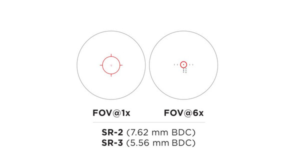 The SR2 incorporates the iconic EOTECH illuminated speed ring along
with a BDC inner reticle calibrated for the 7.62 mm (M118LR) out to
600 yards. The first focal plane design allows for lightning fast target
acquisition using the speed ring at the lower power settings.
When the magnification setting is dialed up, the speed ring disappears
from view and the inner BDC comes into view for more precision on
longer-range shots.