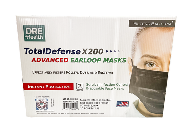 DRE Health Total Defense X200 3 Ply Face Mask Case of 1000 Masks BLACK (20 Boxes of 50 Masks)