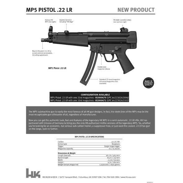 Heckler & Koch MP5 22 LR 8.50" Pistol w/ 10RD Mag