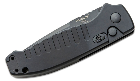 Hogue Automatics offer impressive speed and exceptional reliability. This Ballista I is another addition to Hogue's quality line of automatic folding knives. It features a 3.5" black Cerakoted tanto blade and black aluminum handles. The Ballista's unique patent-pending blade retention device allows for one-handed deployment and closure without placing the hand in the path of the blade. The manual safety locks the knife both open and closed to prevent misfiring. The knife comes complete with a reversible stainless steel, deep-carry pocket clip.