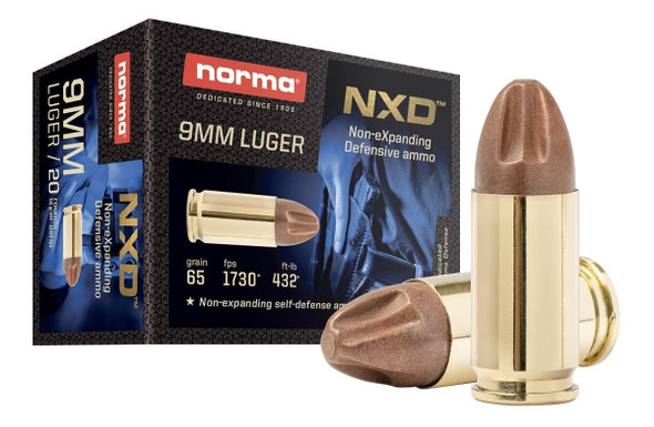 Norma NXD Non-eXpanding Defensive 9mm 65gr Molded Copper Projectile Lead-Free Ammunition 1730 FPS 200-Rounds 