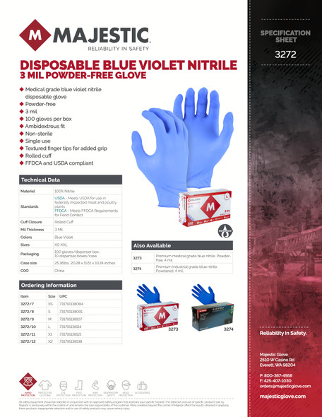 Majestic 4 Mil Nitrile Industrial Grade Powder Free Gloves, Case of 10 Boxes, Box of 100 Gloves, Large 