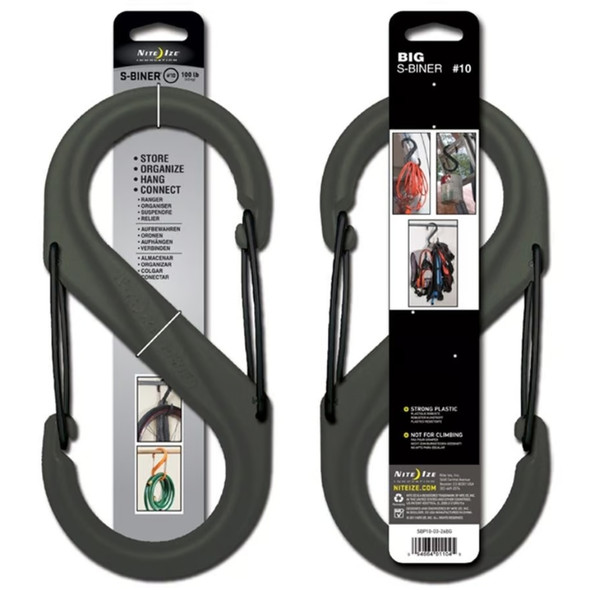 Nite Ize S-Biner - Plastic Double-Gated Carabiner Clip - #10 - Grey with Black Gates