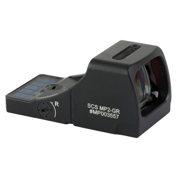 Holosun's newest SCS (Solar Charging Sight), the SCS-MP2-GR was designed to fit the Smith & Wesson M&P-M2.0 full size, 9mm & 40 S&W handguns (will not fit 1.0 or Shield models). It is designed to attach directly to the slide without an adapter plate and uses the innovative solar charging system with multi-directional light sensors to automatically adjust brightness in dynamic situations. The SCS can potentially operate indefinitely using an internal, rechargeable 20,000-hour power reserve meaning under even moderate exposure to bright light, you will never need to change batteries again. The SCS also includes an intensity override function which locks the optic into a high brightness mode for 30 minutes and a low power indicator, which will signal if charging is needed upon system start up. Additionally, the Multi-Reticle System (MRS) displays a 32MOA Circle or a 2MOA dot or both. Holosun's newest SCS (Solar Charging Sight), the SCS-MP2-GR was designed to fit the Smith & Wesson M&P-M2.0 full size, 9mm & 40 S&W handguns (will not fit 1.0 or Shield models). It is designed to attach directly to the slide without an adapter plate and uses the innovative solar charging system with multi-directional light sensors to automatically adjust brightness in dynamic situations. The SCS can potentially operate indefinitely using an internal, rechargeable 20,000-hour power reserve meaning under even moderate exposure to bright light, you will never need to change batteries again. The SCS also includes an intensity override function which locks the optic into a high brightness mode for 30 minutes and a low power indicator, which will signal if charging is needed upon system start up. Additionally, the Multi-Reticle System (MRS) displays a 32MOA Circle or a 2MOA dot or both.