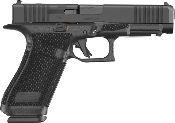 The Glock 17 allows easy customization to its grip by using the different back straps. A flared magwell and a cutout at the front of the frame give the user more speed during reloading. A reversible enlarged magazine catch, changeable at user level as well as the ambidextrous slide stop lever accommodate left and right-handed operators. The rifling and the crown of the barrel were slightly modified for increased precision.