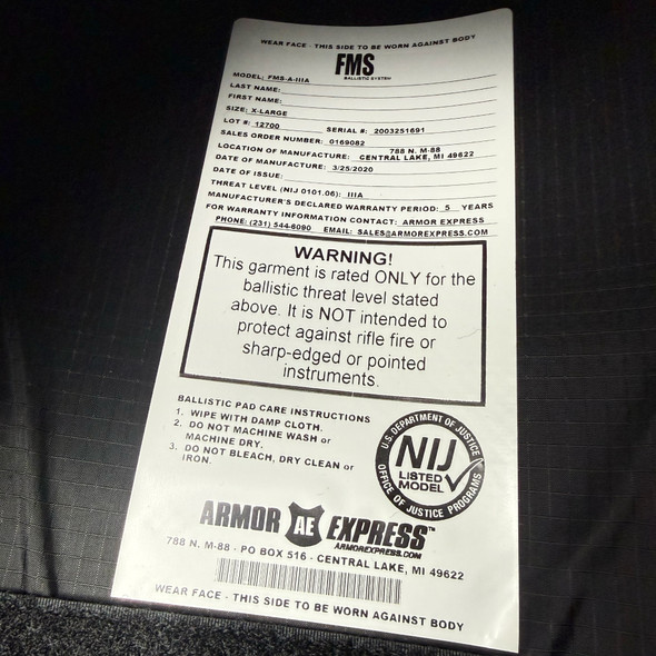 Unicor Federal Prison Industries NIJ IIIA Body Armor Brand New - NEVER ISSUED, Police Trade