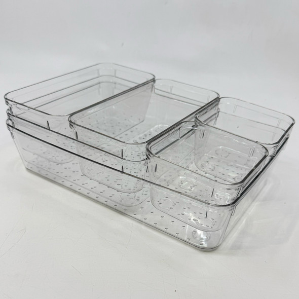 Clear Plastic Drawer Organizer Set – 24 Pieces (4 Sets of 6) – Stackable Multi-Size Storage Trays for Bathroom, Vanity, Kitchen & Desk, New/Old Stock