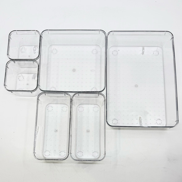 Clear Plastic Drawer Organizer Set – 24 Pieces (4 Sets of 6) – Stackable Multi-Size Storage Trays for Bathroom, Vanity, Kitchen & Desk, New/Old Stock