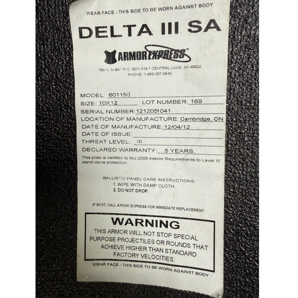 Armor Express Delta III SA, NIJ Level III, Single 10x12 Shooters Cut Plate, Police Trade