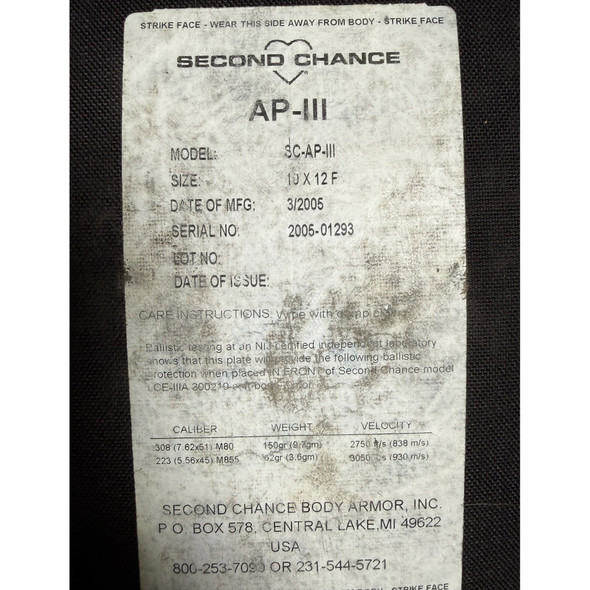 Second Chance AP-III ICW 10x12 Level III Plate Set, Police Trade