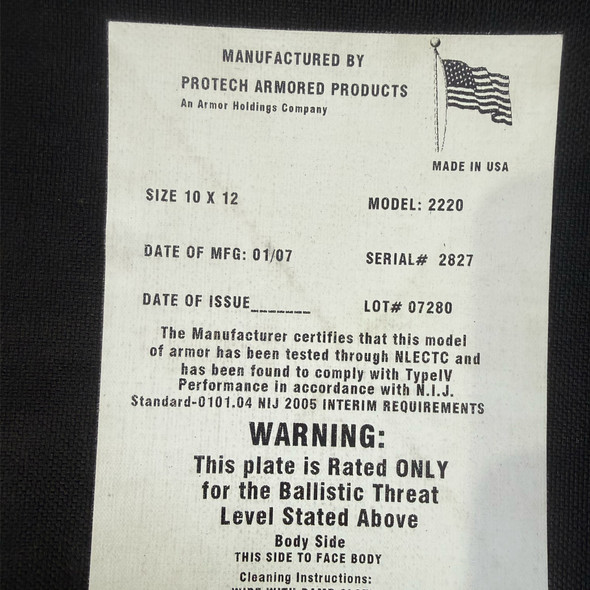 Protech Armored Products Level IV Single Strike Face Plate 10x12 Model 2220, Police Trade
