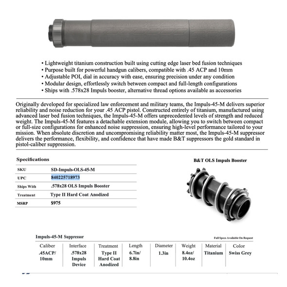 B&T Impuls 45 Modular Titanium Suppressor – .45 ACP / 10MM