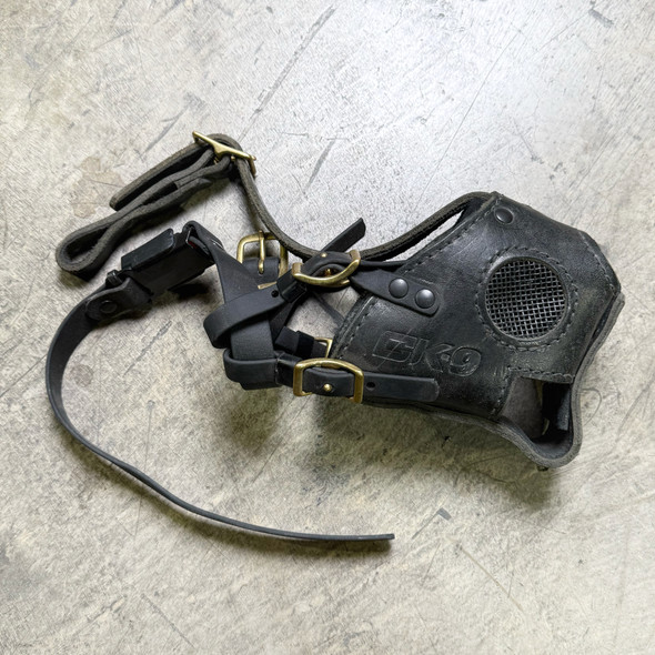 DK9 Black Leather Police Dog Agitation Muzzle, Mesh Vent, Quick-Release, Police Trade