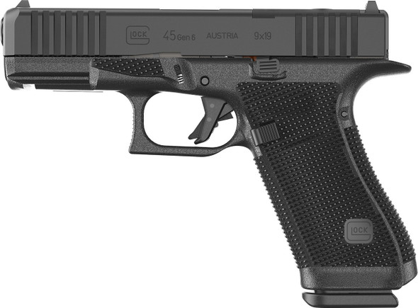 Glock P64550201 G45 Gen6 Crossover Frame 9mm Luger 10+1 4.02" Black GMB Barrel, Black nDLC Steel Optic Ready/Serrated Slide, Black Polymer Frame w/Accessory Rail, Interchangeable Backstrap Grip. The 6th Generation of Glock pistols delivers enhanced ergonomics for increased usability and comfort with a unique optic ready system. The Gen6 pistols features an optic ready system; ergonomic frame with palm swell; extended thumb rest; enlarged beavertail; slide serrations are angled deeper into the slide to make the surface engagement more tactile for slide manipulations; grip texture combines 2 textures into one to create the perfect blend of performance and comfort on an extended surface area; flat faced trigger design comes standard and maintains the Safe Action System for uncompromising safety and reliability. The undercut trigger guard and the reduced distance from the frame to the trigger allows for a higher grip and easier reach for a variety of users. Includes three optic plates that allow various optics to be screwed directly into the slide.