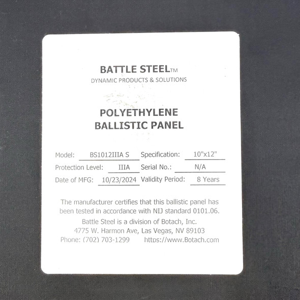 Battle Steel Flexible Polyethylene Ballistic Panel , 10"x12" Shooters Cut, New/Old Stock