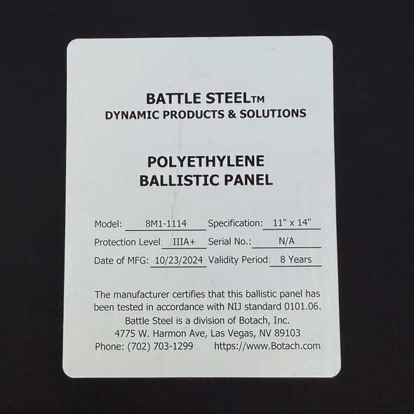 Battle Steel Polyethylene Ballistic Panel, 11" x 14" Soft Armor, New/Old Stock