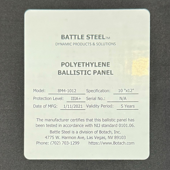 Battle Steel 8M4-1012 Level IIIA+ Polyethylene Ballistic Panel, 10"x12" w/ Nylon Cover, New/Old Stock