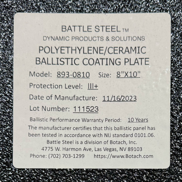 Battle Steel Level III+ Polyethylene/Ceramic Hard Armor Plate, 8"x10", Model 893-0810,  New/Old Stock