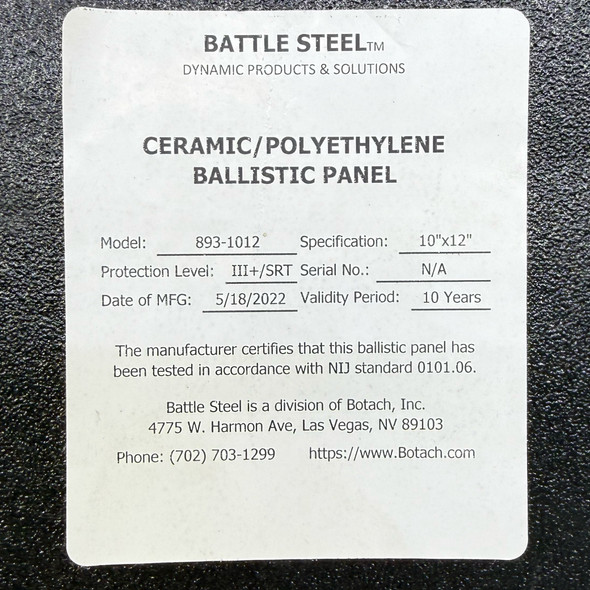 Battle Steel Level III+/SRT Ceramic/Polyethylene Ballistic Panel, 10"x12" Shooter's Cut, Model 893-1012, Special Rifle Threat Rated, New/Old Stock