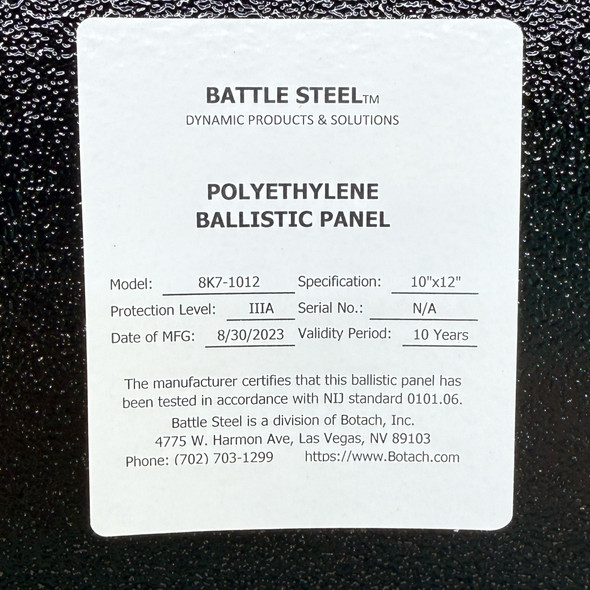 Battle Steel 8K7-1012 NIJ Level IIIA Polyethylene Ballistic Panel, 10"x12" Rounded Square Cut, New/Old Stock