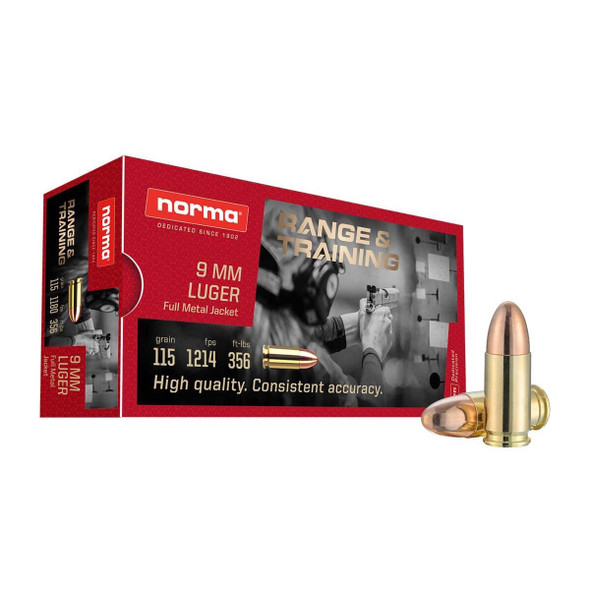 Norma Range & Training 9mm Luger Ammunition 115gr Full Metal Jacket - 50 Rounds