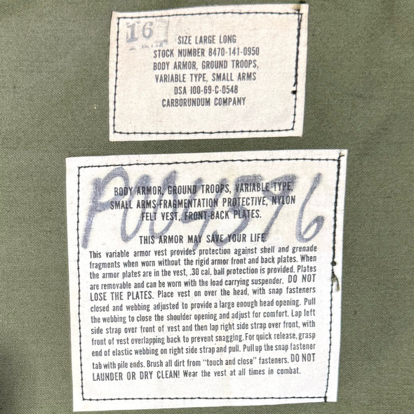 Vietnam War US Army Variable Body Armor Vest, Ground Troops, Carborundum 1969, Large Long, Police Trade