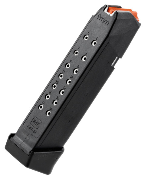 Glock G17 17+2 Gen5 Magazine is specifically designed for the Glock 17 Gen5 pistol. It is intended for 9 mm caliber and has a capacity of 19 rounds, consisting of a base capacity of 17 rounds and two additional rounds. The magazine is equipped with an orange follower, which facilitates checking the rounds and enhances safety.  This magazine is an excellent choice for Glock 17 Gen5 pistol owners who want to increase the weapon's capacity without compromising reliability or functionality. The orange follower makes checking the rounds quick and easy, improving the user experience and safety.