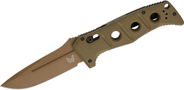 The Benchmade 2750FE-04 Auto Adamas, designed by Shane Sibert, is a hard-use automatic folding knife built for tactical and heavy-duty applications. Featuring rapid deployment via Benchmade's Auto AXIS mechanism, this folder delivers reliable, one-handed operation when speed is critical. The 3.78-inch drop point blade is crafted from MagnaCut steel, offering a superb balance of toughness, edge retention, and corrosion resistance. This flat-ground blade is finished with a Flat Dark Earth Cerakote coating for added protection and minimal reflectivity. The handle features textured OD green G10 scales, providing a secure, comfortable grip under demanding conditions. At an overall length of 8.89 inches and weighing 5.81 ounces, this tough folder is ready for anything. Includes a ballistic nylon sheath and reversible pocket clip.