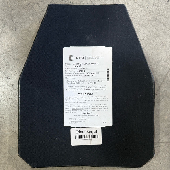 LTC 26600-2 NIJ Level IV 10x12" Ballistic Hard Armor Plate, Police Trade