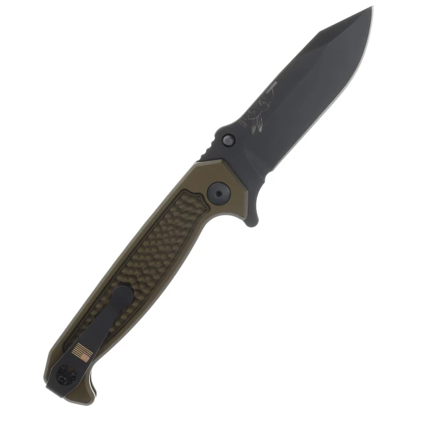 Half Face Blades Disaster Folder- Anodized OD Green Handle/Nitride Black Blade Dimpled Grip Deep Carry Pocket Clip Knife