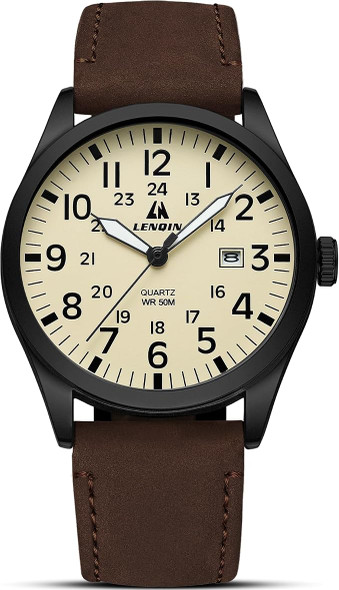 Military Sport Analog Quartz Leather Strap Waterproof Brown/Black/Yellow Watch