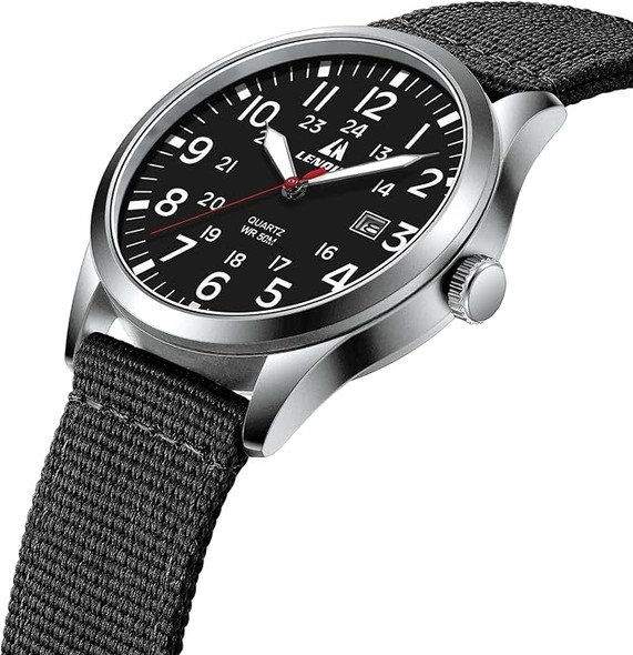 Military Sport Analog Quartz Nylon Strap Waterproof Silver/Black/Black Watch