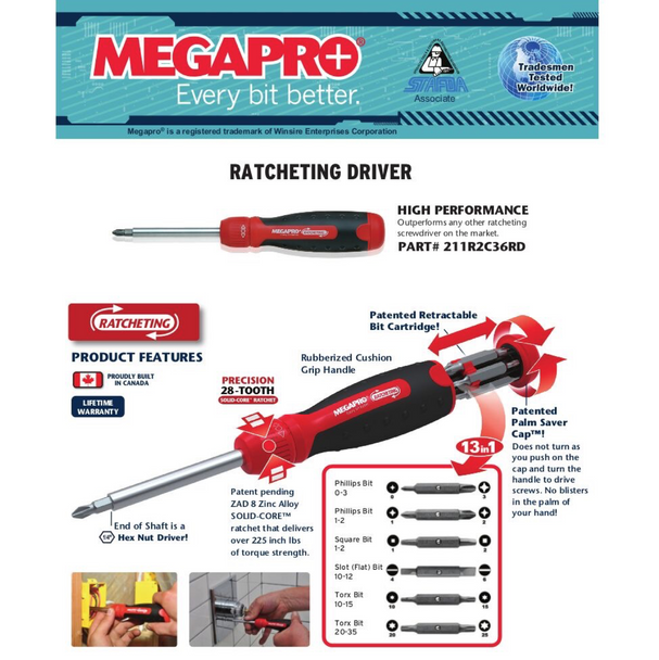 Megapro 211R2C36RD Ratcheting Screwdriver 13 in 1
